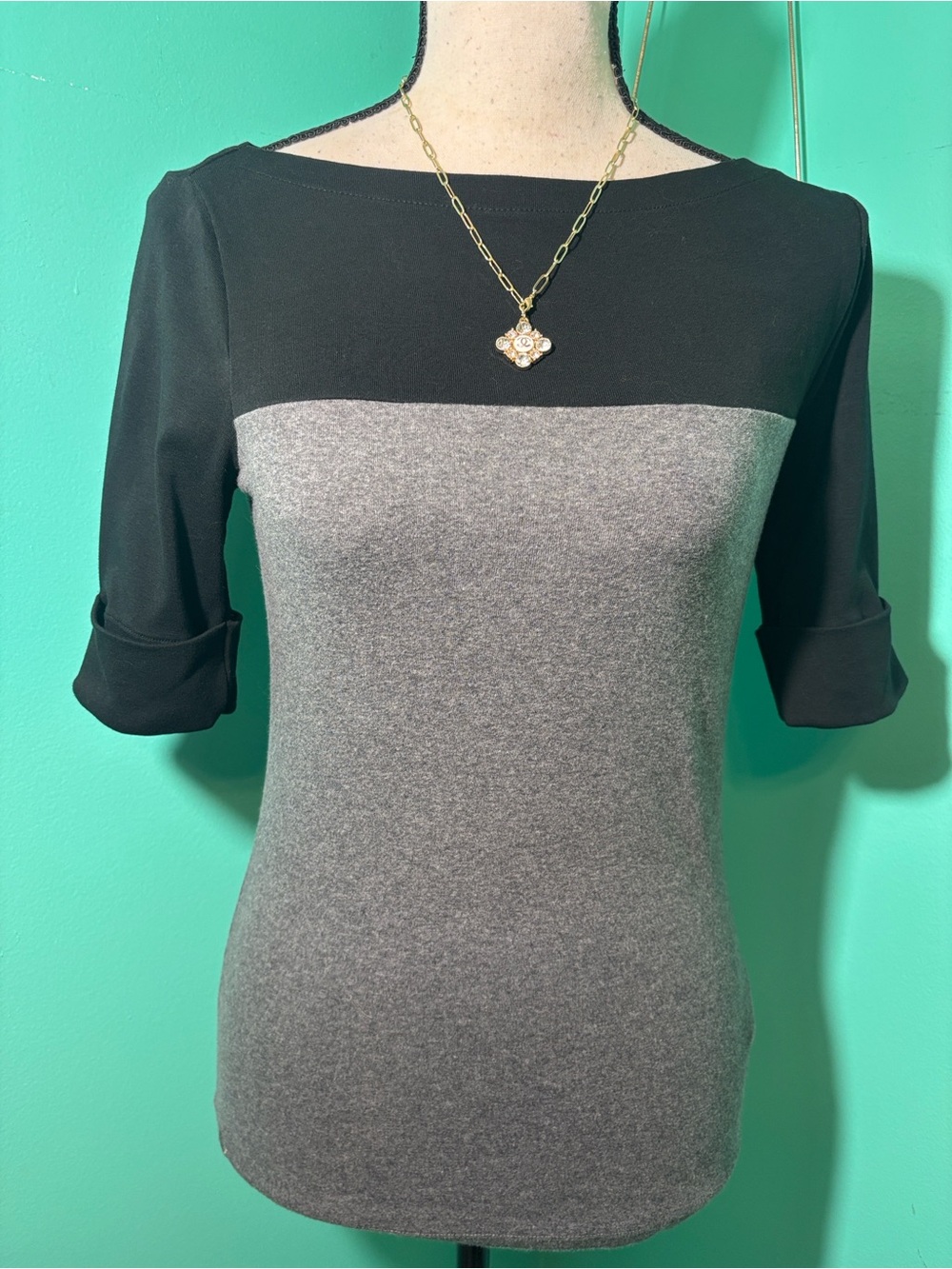 Ralph Lauren Black and Gray Short Sleeve Colorblock Top